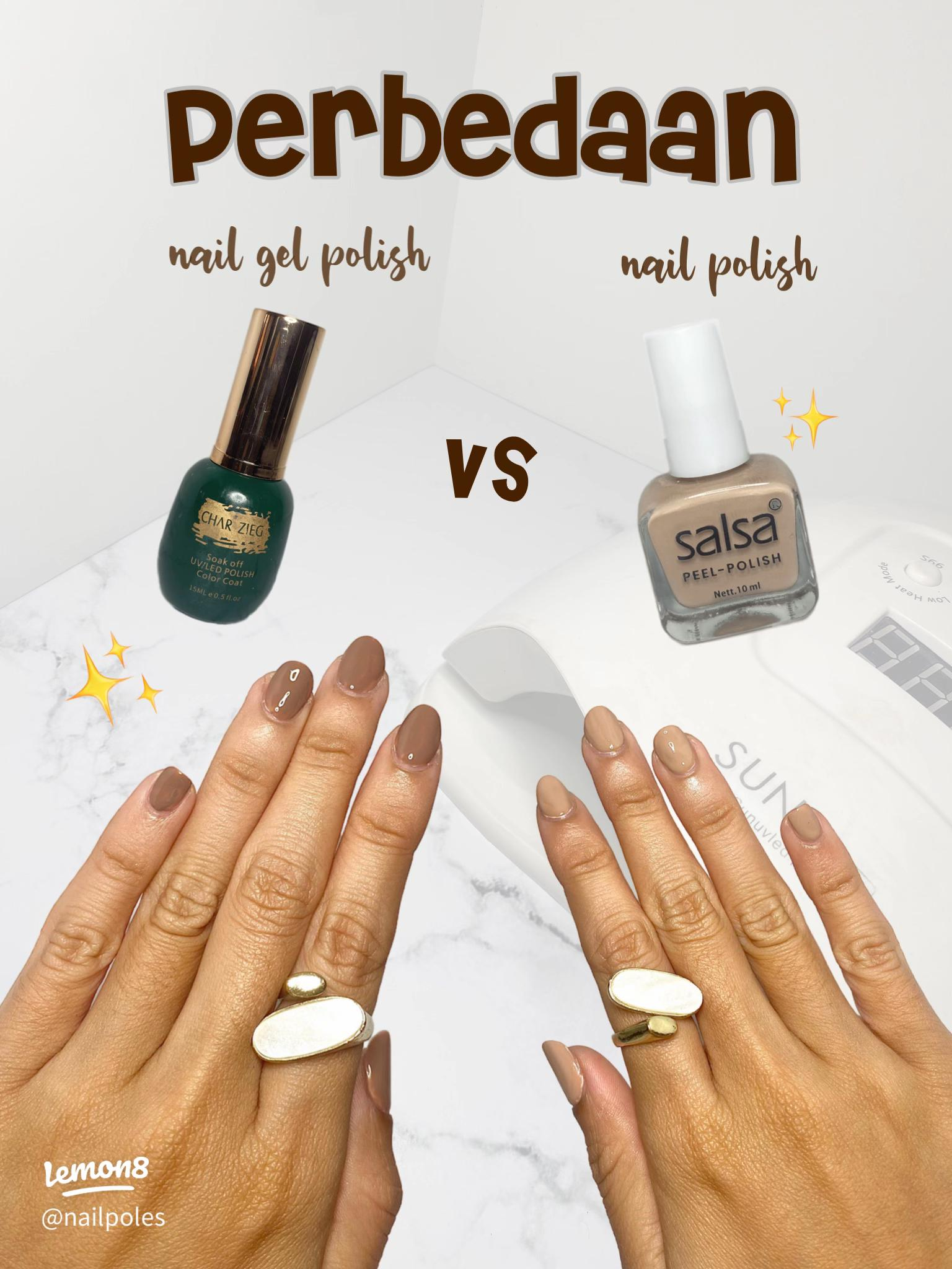 Infografik perbedaan gel polish dan nail polish dengan contoh kuku
