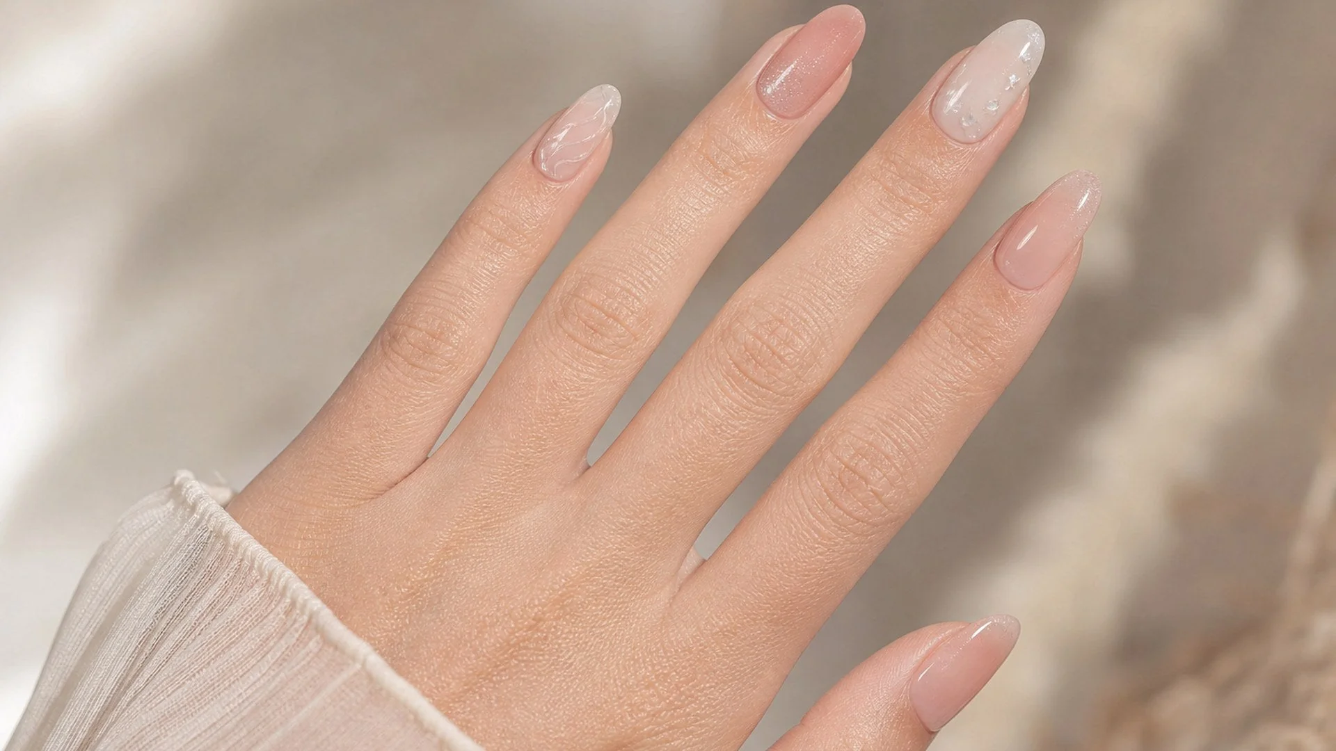 Manikur elegan bernuansa pink nude dengan ujung kuku almond
